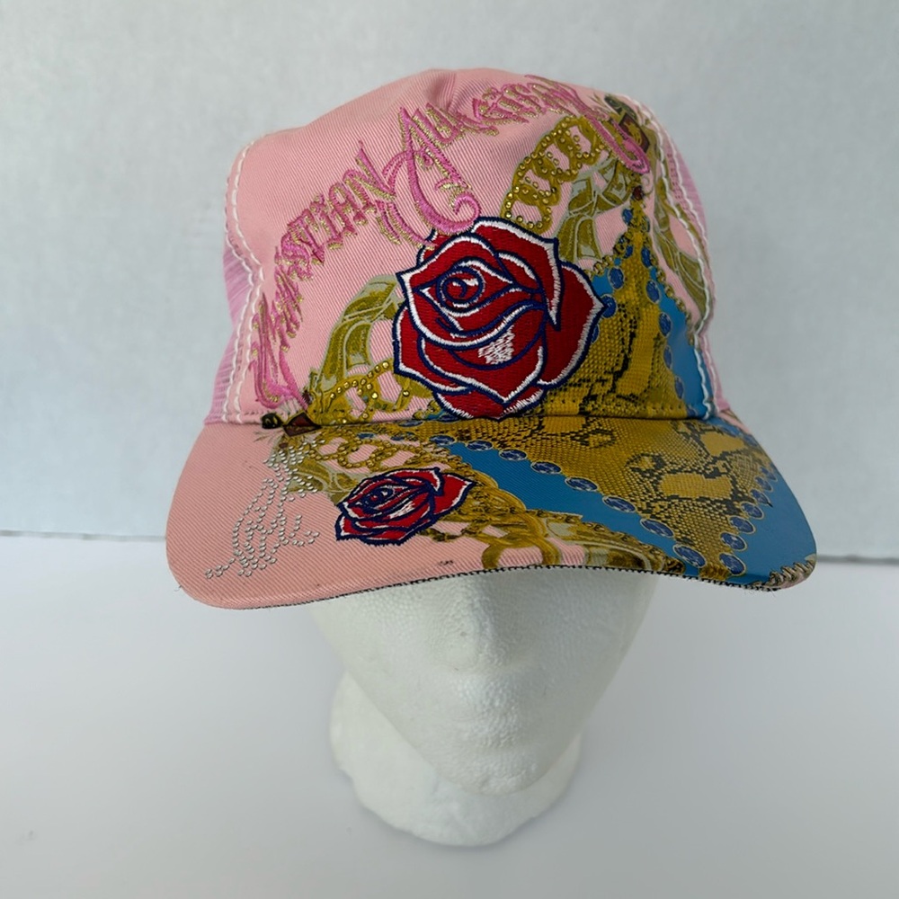 Ed Hardy by Christian Audigier Pink Cap with Roses Snakeskin Print EUC